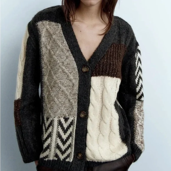 New ZARA Patchwork Cable Knit Cardigan Neutral Chevron Size S - Picture 1 of 3
